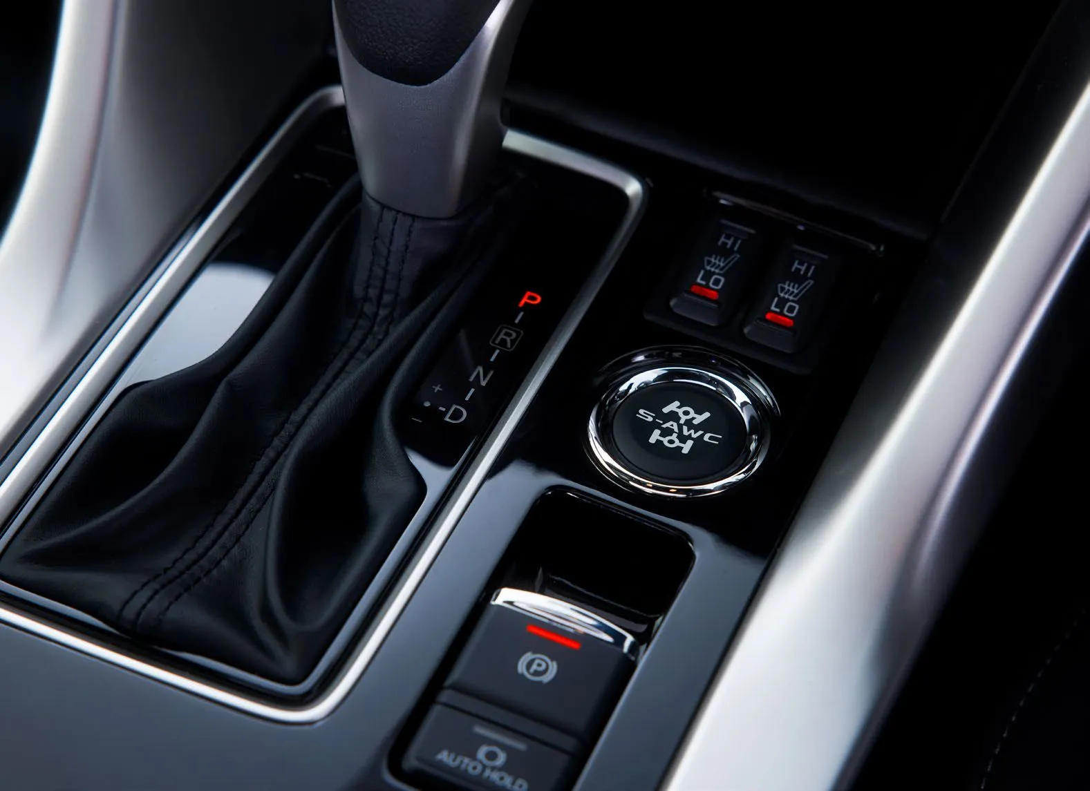 Close-up of the Eclipse Cross gear shift and S-AWC control panel